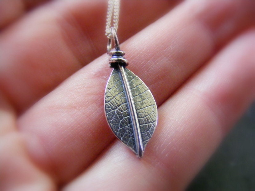 Silver Pendant Leaf Necklace  Textured Sterling leaf pendant with curb chain