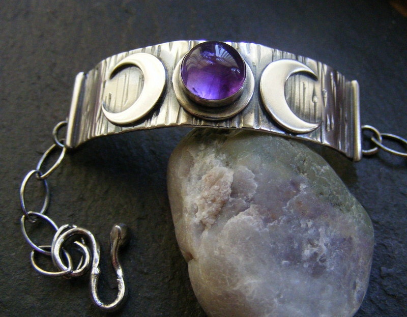 Silver Triple Crescent Moon Amethyst Cuff Bracelet with woodgrain texture and handmade clasp