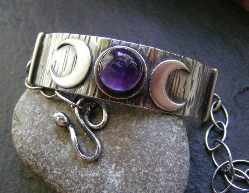 Silver Triple Crescent Moon Amethyst Cuff Bracelet with woodgrain texture and handmade clasp