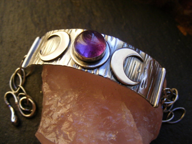 Silver Triple Crescent Moon Amethyst Cuff Bracelet with woodgrain texture and handmade clasp