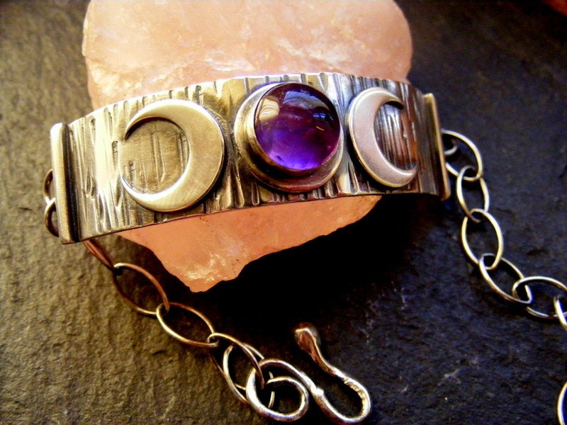 Silver Triple Crescent Moon Amethyst Cuff Bracelet with woodgrain texture and handmade clasp