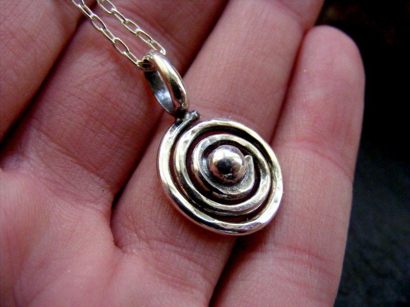 Silver spiral pendant necklace with silver ball , Rustic shell design silver necklace
