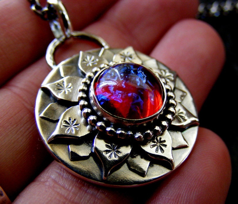 Silver Lotus necklace with Dragons Breath handmade necklace Silver Water Lily Pendant