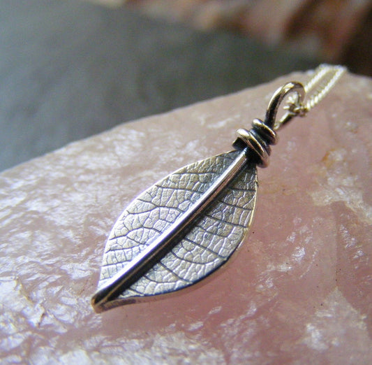 Silver Pendant Leaf Necklace  Textured Sterling leaf pendant with curb chain