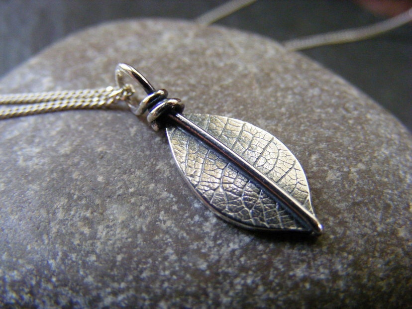 Silver Pendant Leaf Necklace  Textured Sterling leaf pendant with curb chain