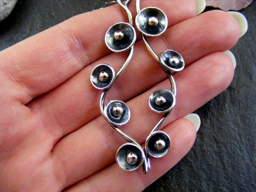 Silver Long Dangle blossom flower oxidised earrings  silver flower drop earrings