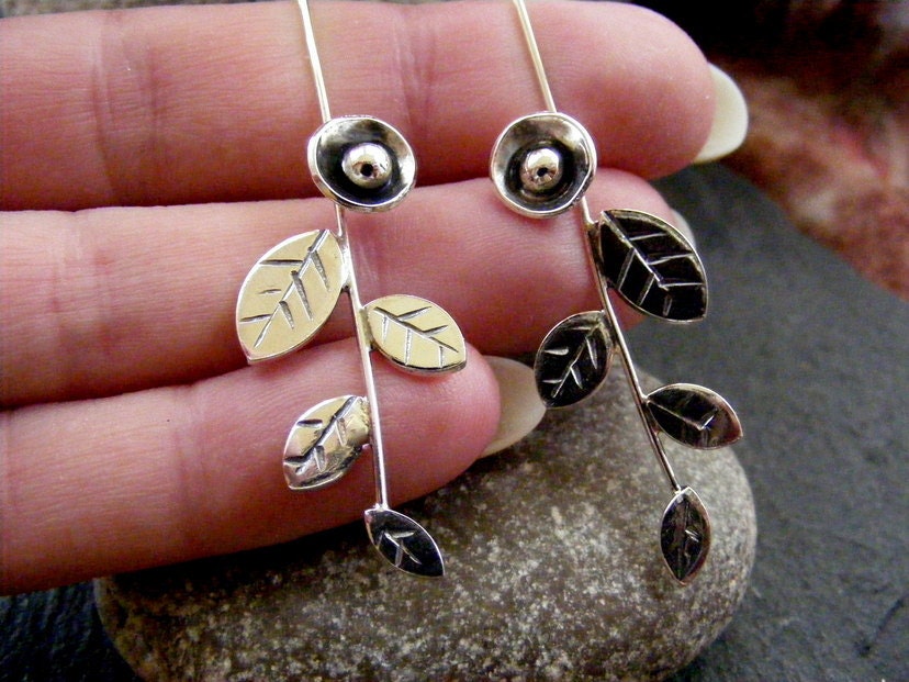 Silver leaf and flower long drop earrings blossom bud dangle earrings