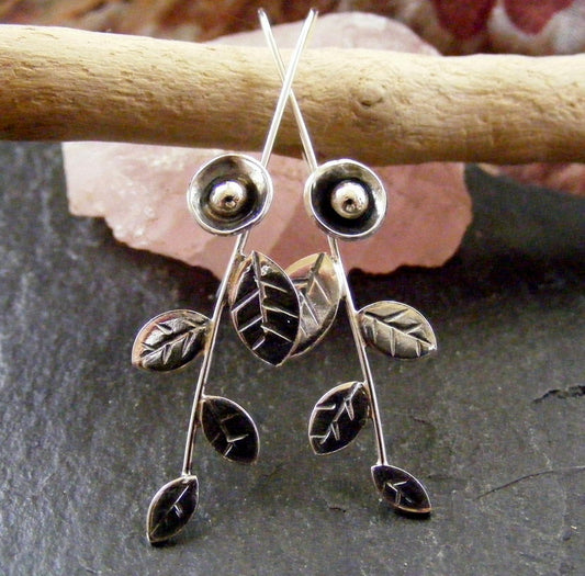 Silver leaf and flower long drop earrings blossom bud dangle earrings