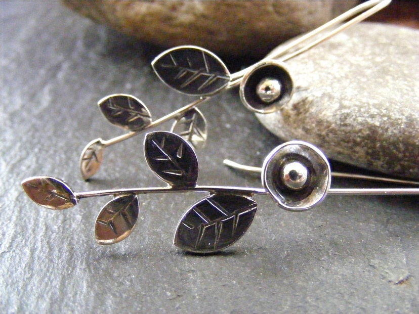 Silver leaf and flower long drop earrings blossom bud dangle earrings