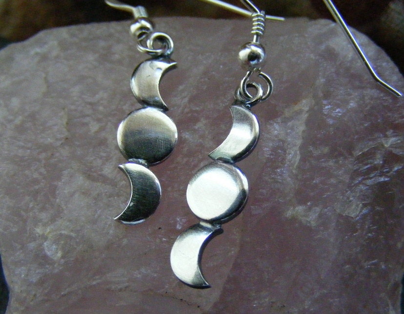 Silver Crescent Moon Triple moon dangle earrings , moon drop earrings