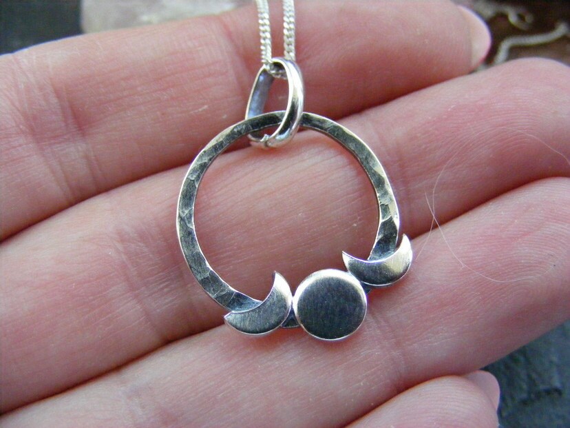 Silver Triple Moon Small Crescent Hammered  Pendant Necklace  Circle Celestial Pendant