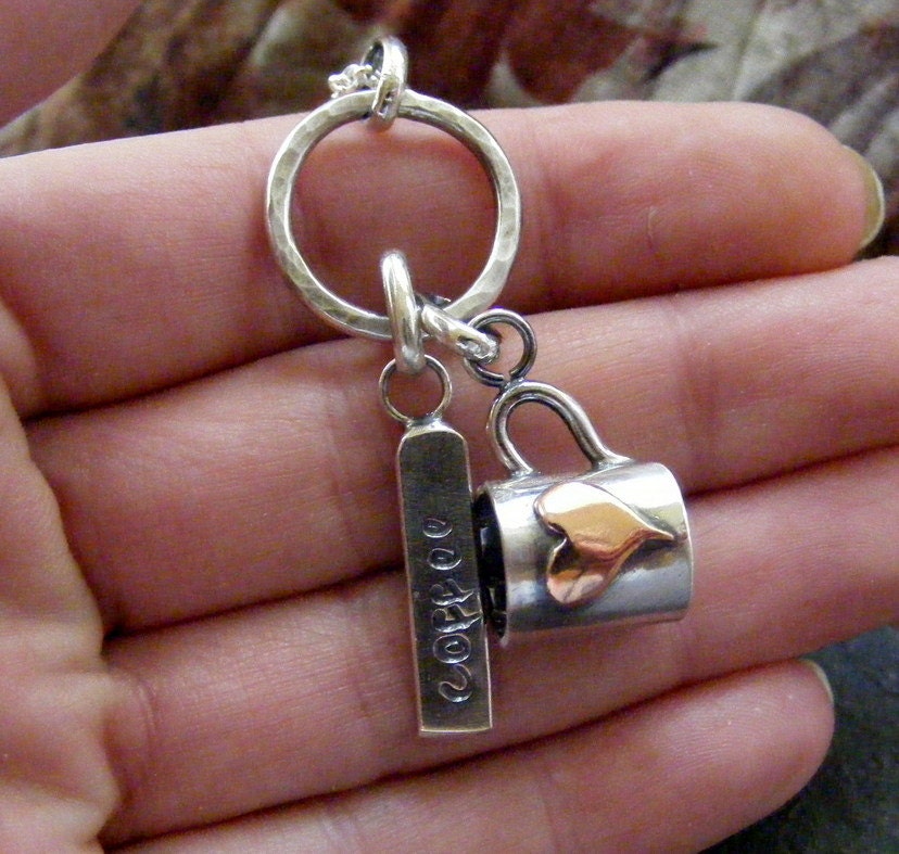 Silver coffee cup handmade charm and silver tag ,mixed metal, coffee lovers necklace
