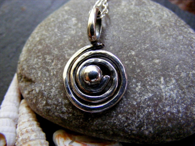 Silver spiral pendant necklace with silver ball , Rustic shell design silver necklace