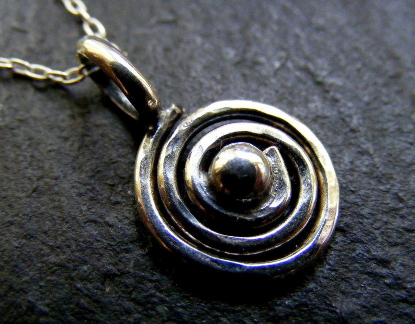 Silver spiral pendant necklace with silver ball , Rustic shell design silver necklace