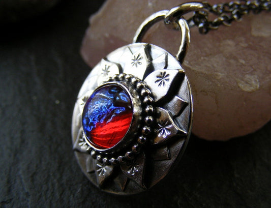 Silver Lotus necklace with Dragons Breath handmade necklace Silver Water Lily Pendant