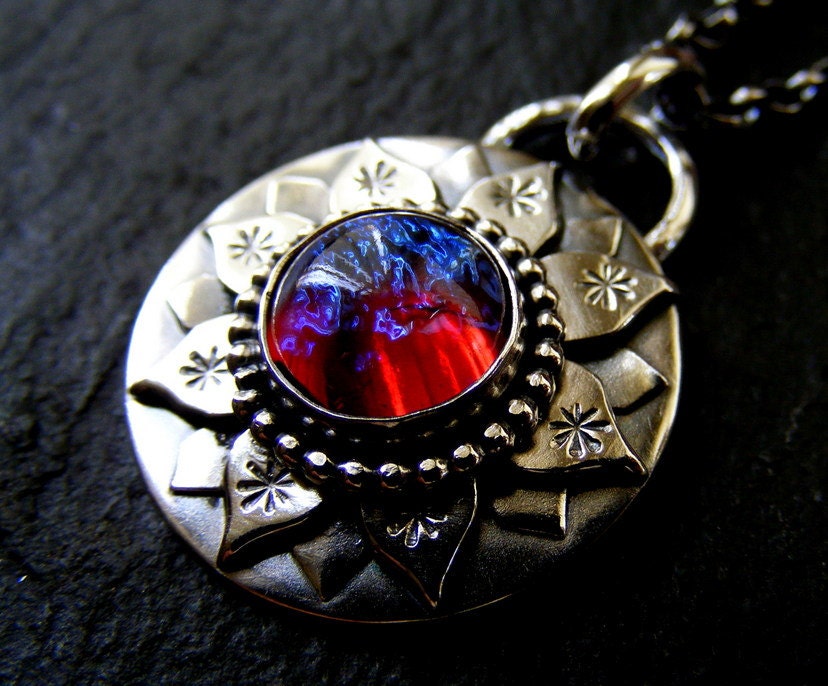 Silver Lotus necklace with Dragons Breath handmade necklace Silver Water Lily Pendant