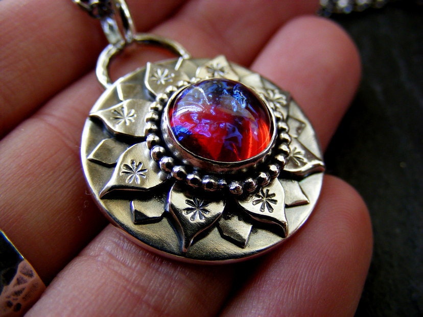 Silver Lotus necklace with Dragons Breath handmade necklace Silver Water Lily Pendant
