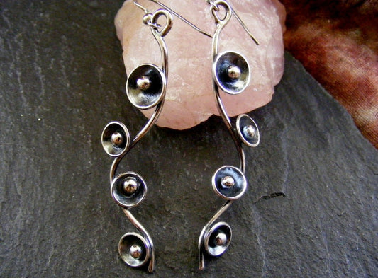 Silver Long Dangle blossom flower oxidised earrings  silver flower drop earrings