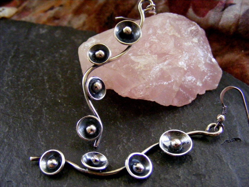 Silver Long Dangle blossom flower oxidised earrings  silver flower drop earrings