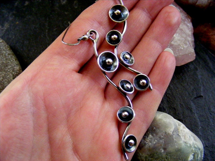 Silver Long Dangle blossom flower oxidised earrings  silver flower drop earrings