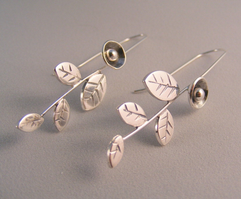 Silver leaf and flower long drop earrings blossom bud dangle earrings
