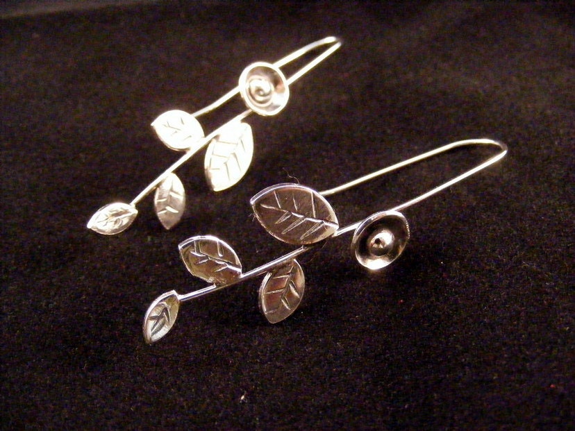 Silver leaf and flower long drop earrings blossom bud dangle earrings