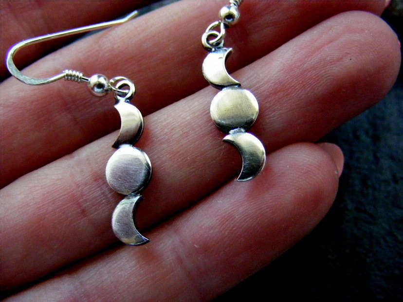 Silver Crescent Moon Triple moon dangle earrings , moon drop earrings