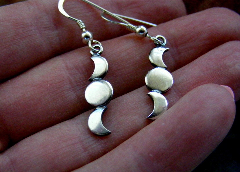 Silver Crescent Moon Triple moon dangle earrings , moon drop earrings