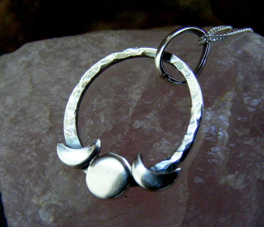 Silver Triple Moon Small Crescent Hammered  Pendant Necklace  Circle Celestial Pendant