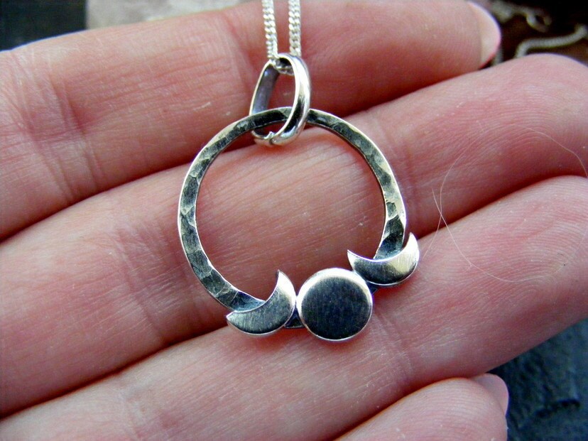 Silver Triple Moon Small Crescent Hammered  Pendant Necklace  Circle Celestial Pendant