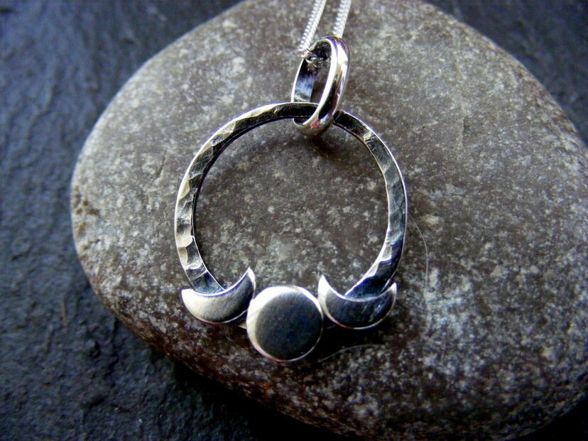 Silver Triple Moon Small Crescent Hammered  Pendant Necklace  Circle Celestial Pendant