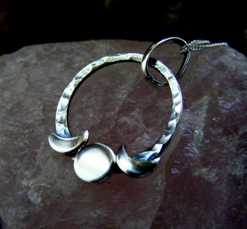 Silver Triple Moon Small Crescent Hammered  Pendant Necklace  Circle Celestial Pendant