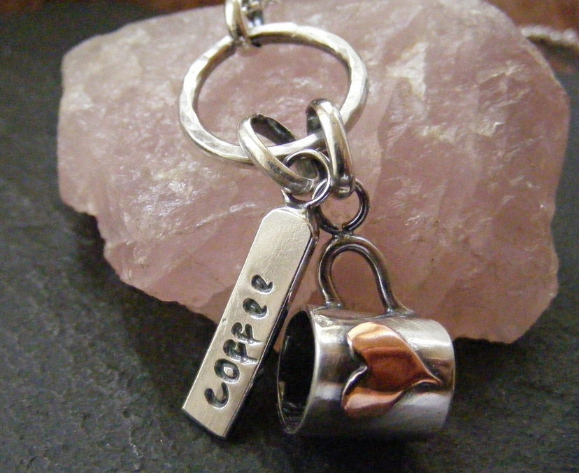 Silver coffee cup handmade charm and silver tag ,mixed metal, coffee lovers necklace