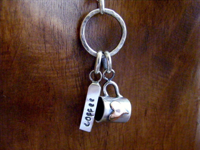 Silver coffee cup handmade charm and silver tag ,mixed metal, coffee lovers necklace