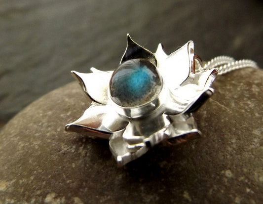 Silver Lotus Flower Iabradorite  Pendant necklace with Sterling  chain
