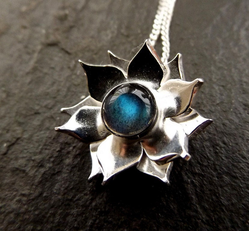Silver Lotus Flower Iabradorite  Pendant necklace with Sterling  chain
