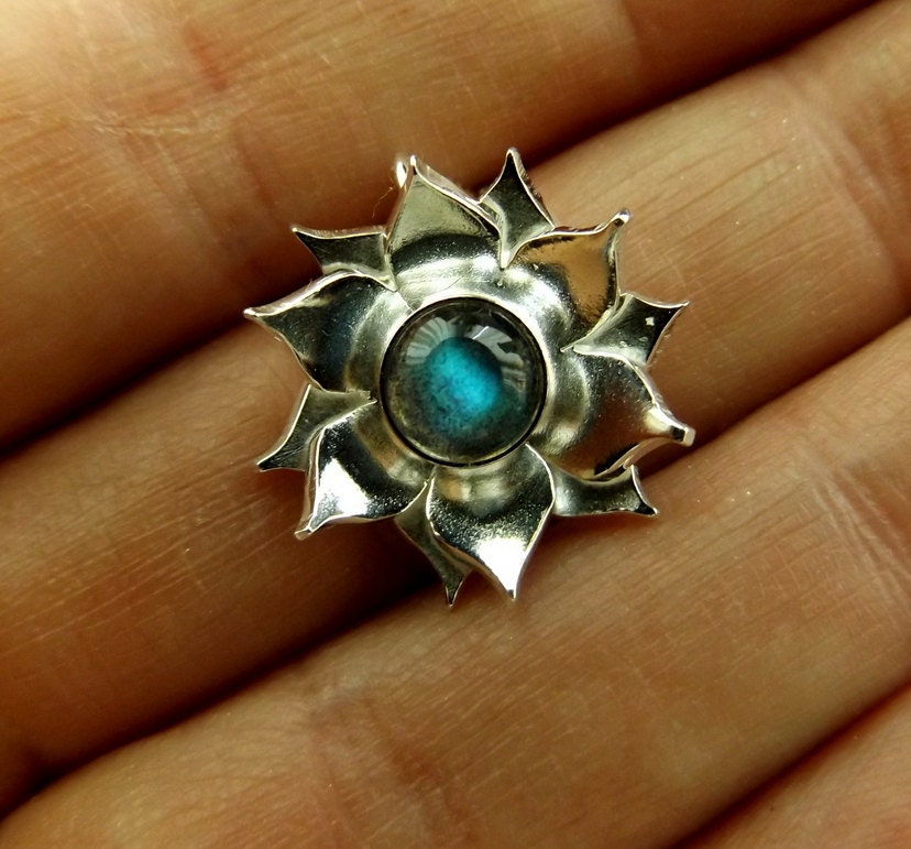 Silver Lotus Flower Iabradorite  Pendant necklace with Sterling  chain