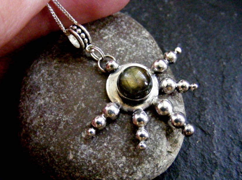Silver labradorite pendant necklace with silver balls and cable chain