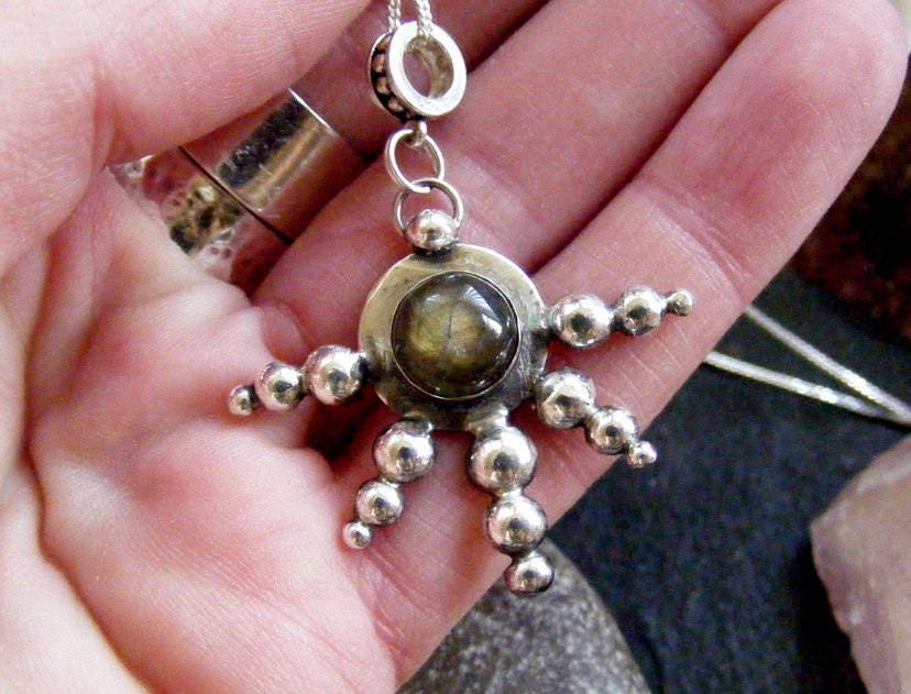 Silver labradorite pendant necklace with silver balls and cable chain