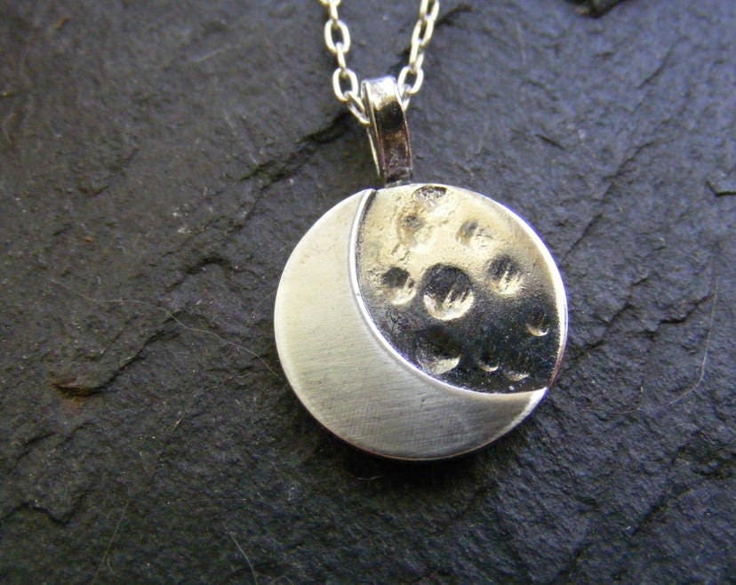 Silver moon necklace with hammered finish , small moon pendant