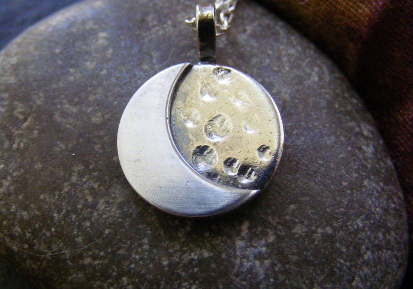 Silver moon necklace with hammered finish , small moon pendant