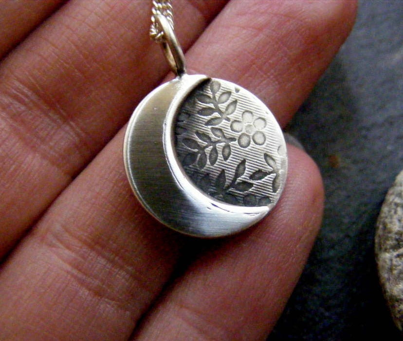 Silver moon necklace with flower texture background , small crescent  moon pendant