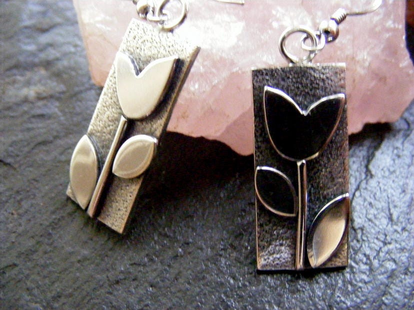 Silver flower dangle earrings , silver tulip drop earrings