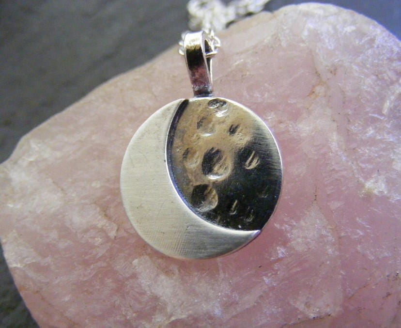 Silver moon necklace with hammered finish , small moon pendant