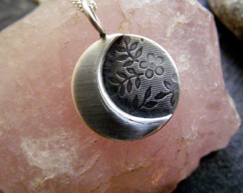 Silver moon necklace with flower texture background , small crescent  moon pendant