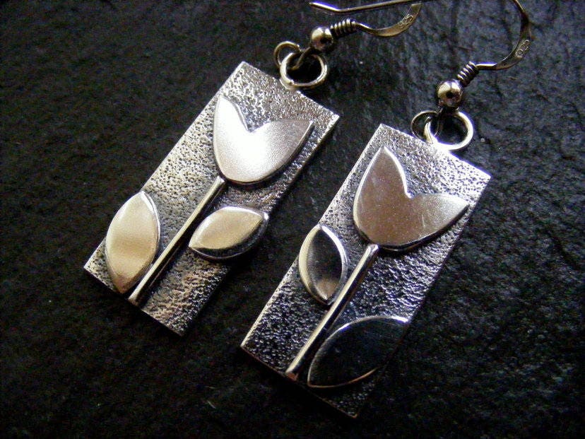 Silver flower dangle earrings , silver tulip drop earrings