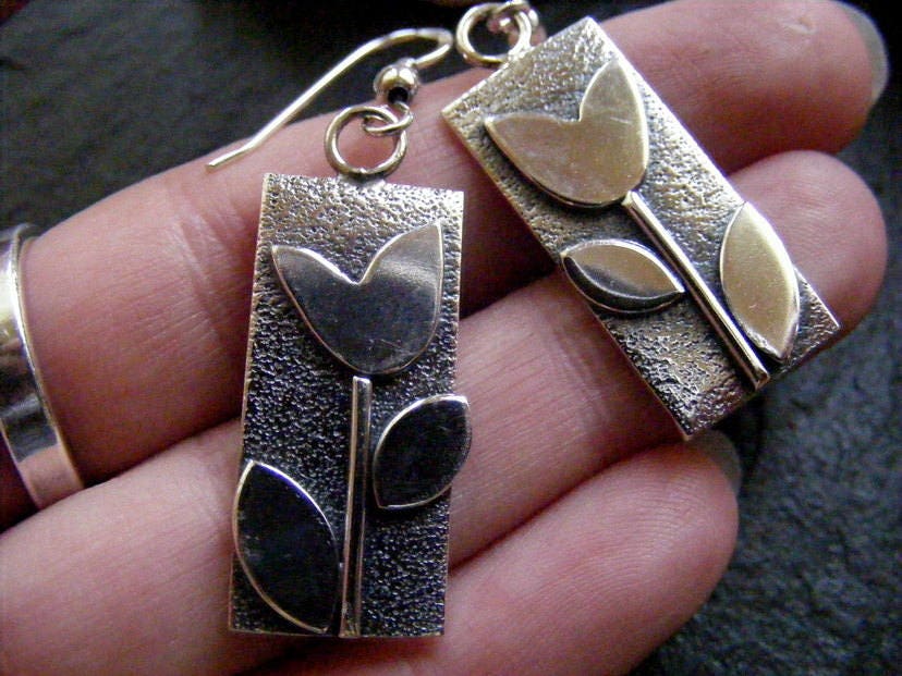 Silver flower dangle earrings , silver tulip drop earrings