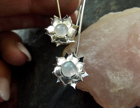 Silver Lotus drop earrings  with moonstone Gemstone, handmade lotus earrings with gemstone