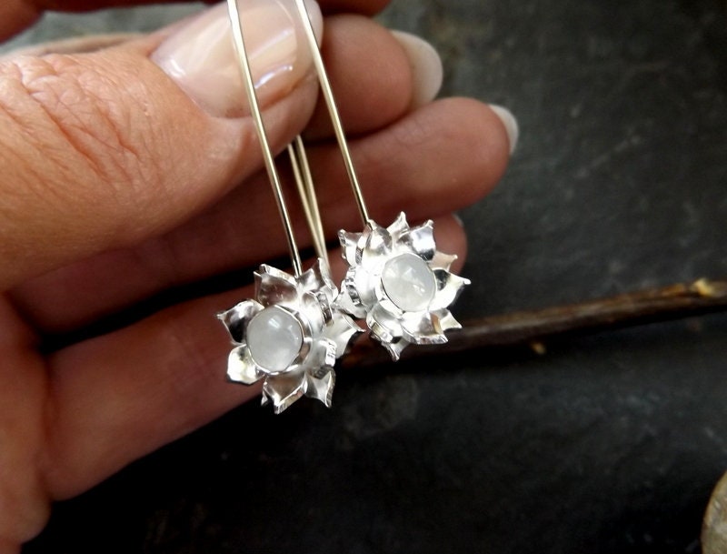 Silver Lotus drop earrings  with moonstone Gemstone, handmade lotus earrings with gemstone