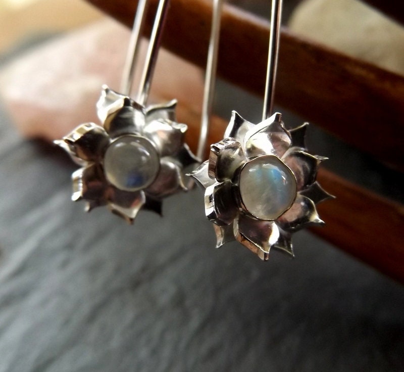 Silver Lotus drop earrings  with moonstone Gemstone, handmade lotus earrings with gemstone